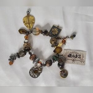 Vintage Treska Beaded Charm Stretch Bracelet -Mixed Metals & Amber Accents Boho